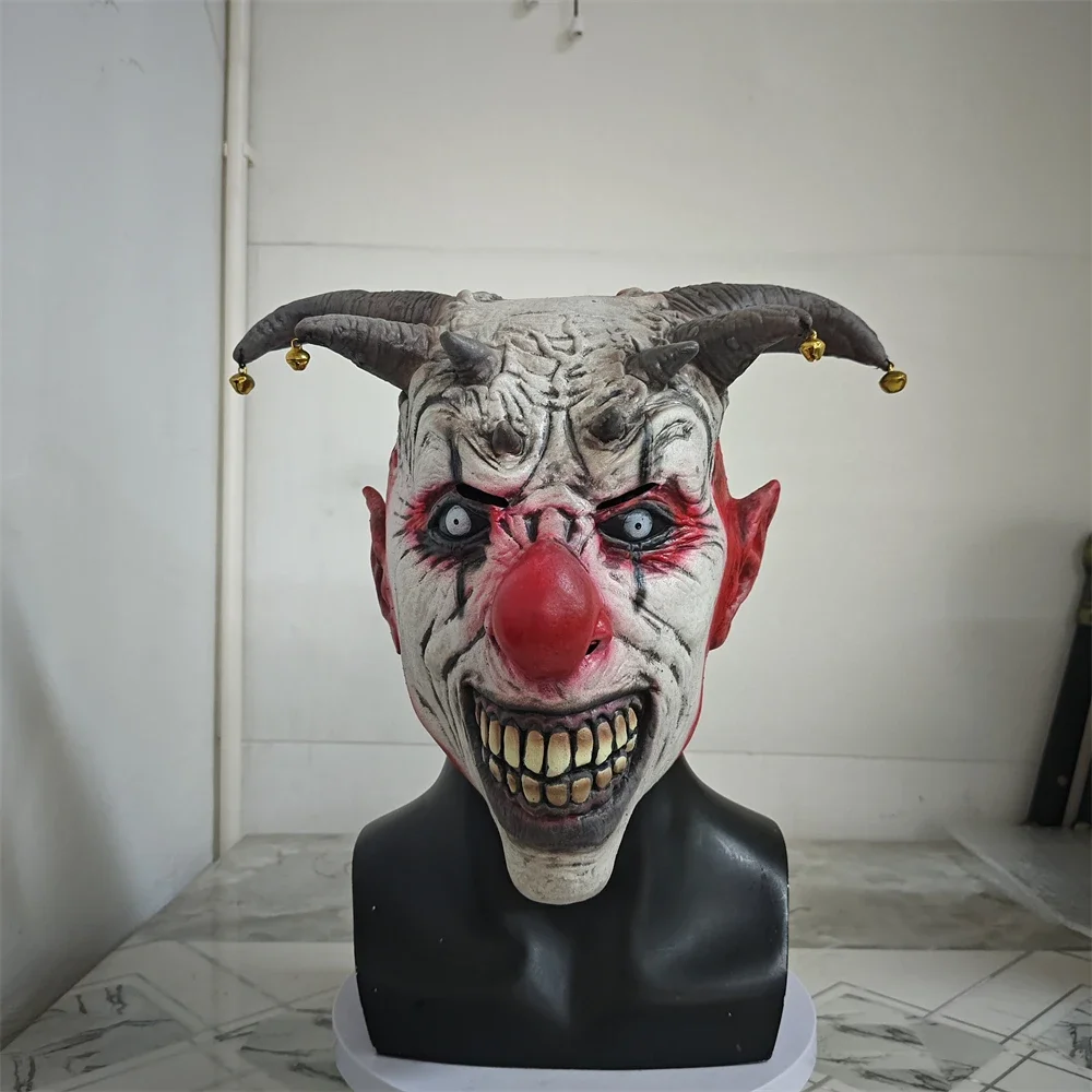 Scary Evil Bell Clown Mask Halloween Cosplay Costume Devil Joker Latex Mask Fancy Dress Party Props Horror Clown Killer Mask