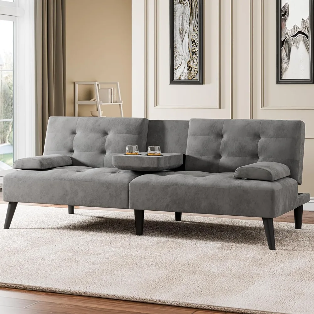 

Futon Sofa Bed Couch, Modern Convertible Sofa Couch, 64 in Adjustable Recliner Sofa Bed for Living Room, 2 Armrest Pillows, 2 C