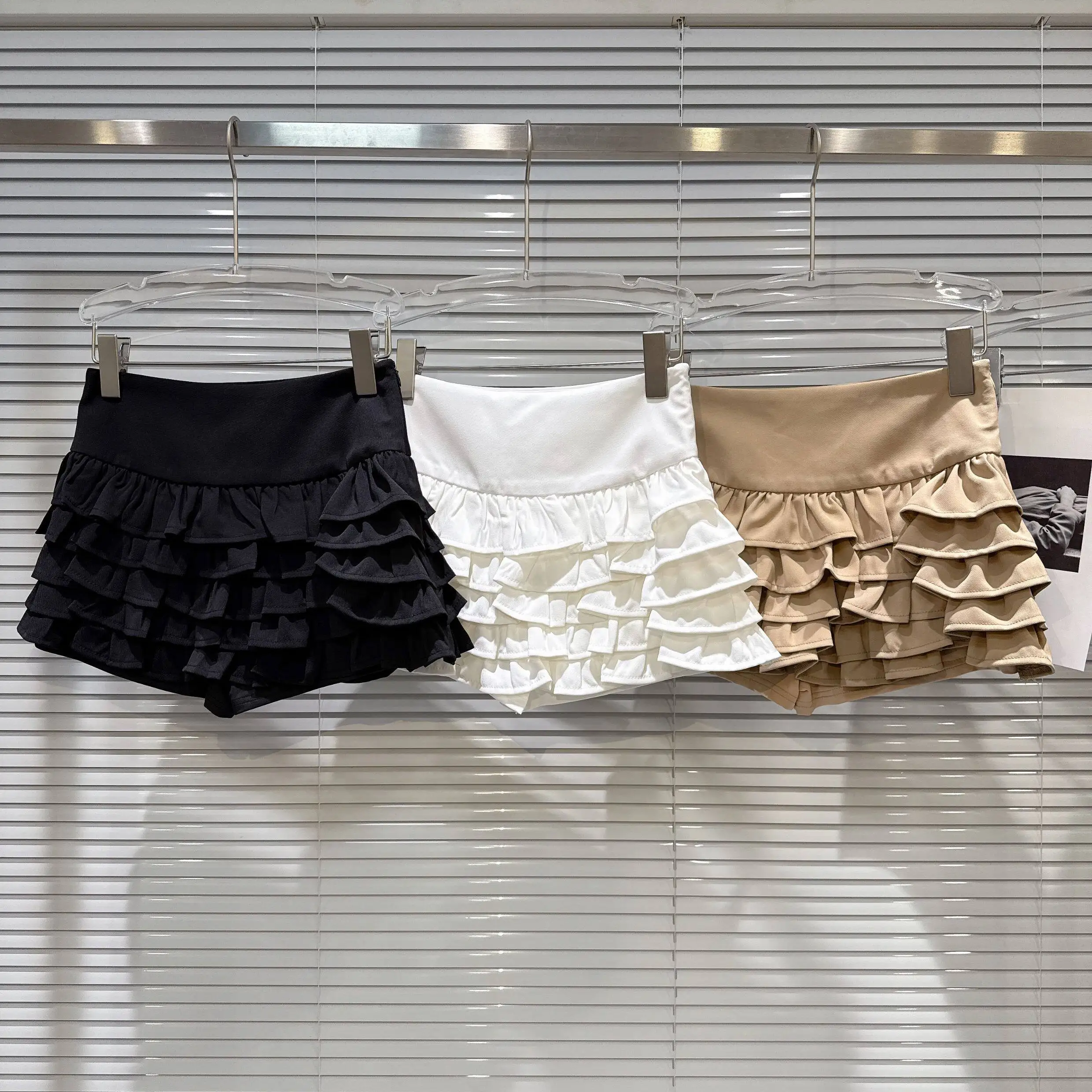 Spring Autumn Fashion Multi-layer Pleated Fluffy Skirt High Waist Solid Color Paired with Lining Ruffle Mini Short Tiered Skirt