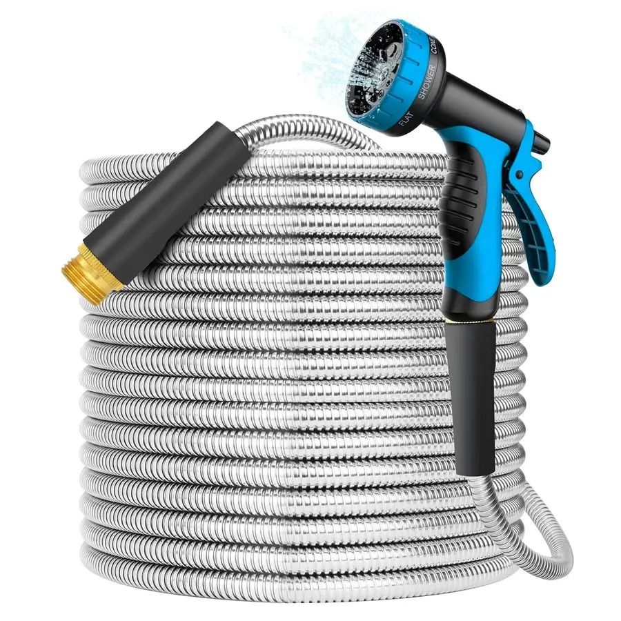 

Садовый шланг из нержавеющей стали 50 футов с 10 функциями, регулируемой насадкой-распылителем, гибкий, прочный, без заломов, защита от протечек, устойчивый к воздействию собак