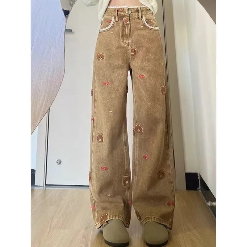 Hohe Taille, lockere Passform, braune Bären-Denim-Jeans, Damen-Sommer-Design-Sensation-Hose mit weitem Bein, bodenlanger Schlankheitswirkung