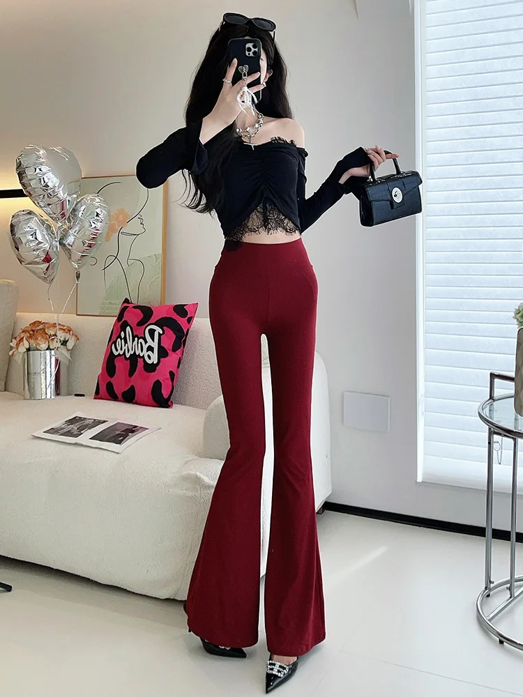 بنطلون نسائي بخصر عالٍ وأرجل واسعة، مبطن بالصوف، يساعد على تنحيف الجسم، لون أحمر، تصميم مثير وشخصي، يرفع المؤخرة، بنطلون طويل #2