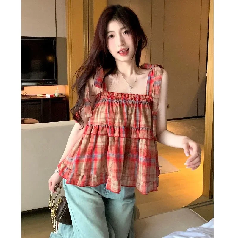 

Vintage Plaid Dresses Women Ruffles Sweet French Style Bandage Loose Casual Girlish Summer New Temperament Loose Blouse Платье