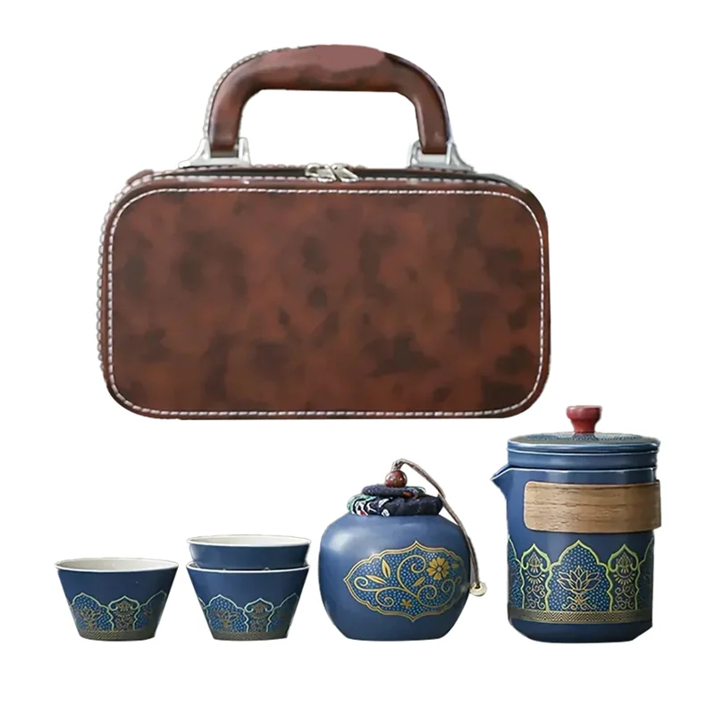AB66-Leather Carry Bag Includes 1Set Travel Tea Set Portable Teapot Tea Canister Tea Cup Outdoor Quick Cup