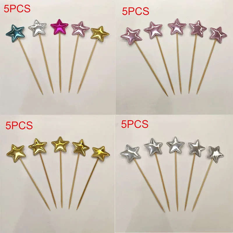 5pcs Colorful Star Love Heart Shaped Crown Cake Topper Happy Birthday Cupcake Topper Kids Favors Party Supplies Home Decoration