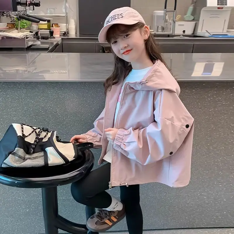 Spring Autumn New Girls Jacket Solid Color Letter Print Hooded Trench Coat For 4-12 Years Teen Girls Casual Outdoor Jacket