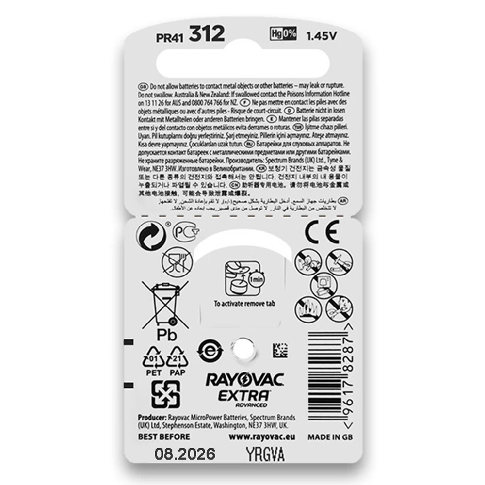 120 PCS A312 Rayovac Extra Performance Hearing Aid Batteries 1.45V 312 312A A312 PR41 Zinc Air Battery For ITC RIC Hearing Aids