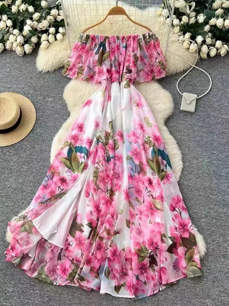 Vestido Largo Estampado Floral para Mujer Estilo Vacaciones en la Playa, Cuello Halter, Cintura Fruncida, Abertura Lateral, G...