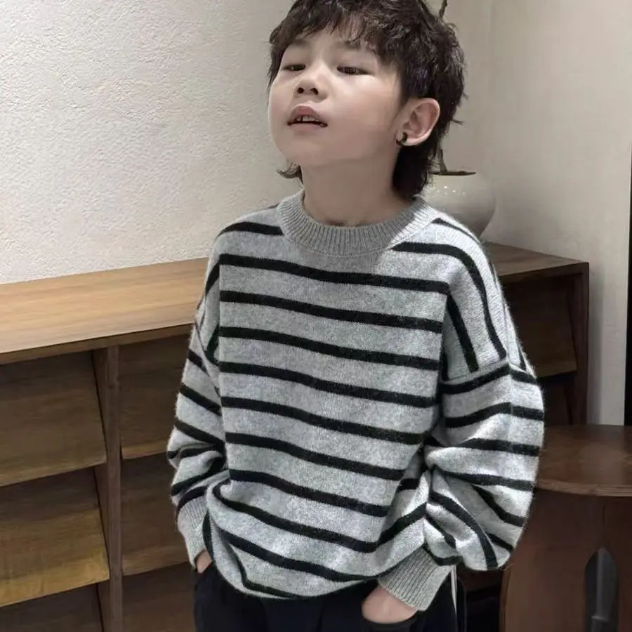 

Boys' Sweater New Fashionable Children's Hooded Knitted Sweater Boys' Autumn and Winter Warm and Handsome Bottom Shirt