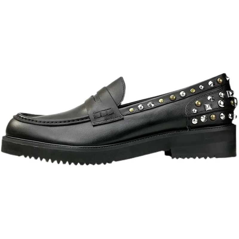Men Black Genuine Leather Loafers Slip‑On Metal Stud Rivet Decor Chunky Sole Punk Rock Party Fashion Casual Dress Shoes
