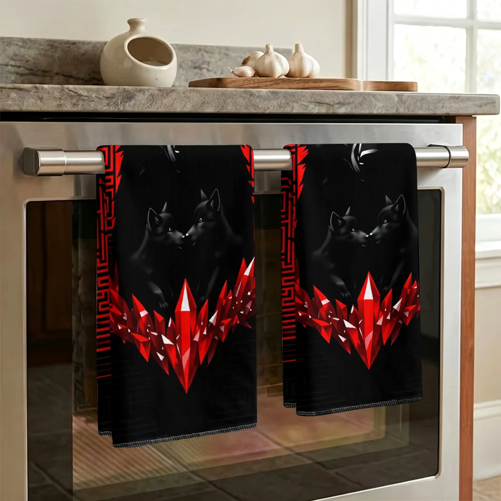 1pc/2pcs Wolf and Crystal Print Kitchen Towels-Super absorbent, reusable polyester dishcloths perfect for home decor, cooking, b
