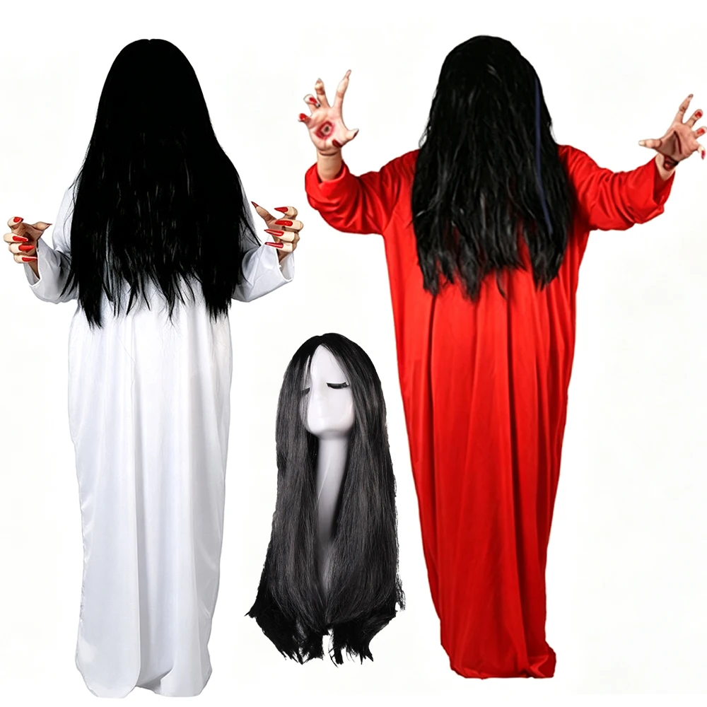 Halloween Sadako Cosplay Female Ghost Costume Robe Wig Zombie Sadako Ghost Bride Gown Horror Stage Performance Cos Costume Set