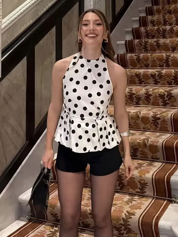 HH Women Fashion Polka Dot Halter Tops Sexy Backless Slim Balloon Vest Tops Summer Elegant Woman Holidays Party Chic Top
