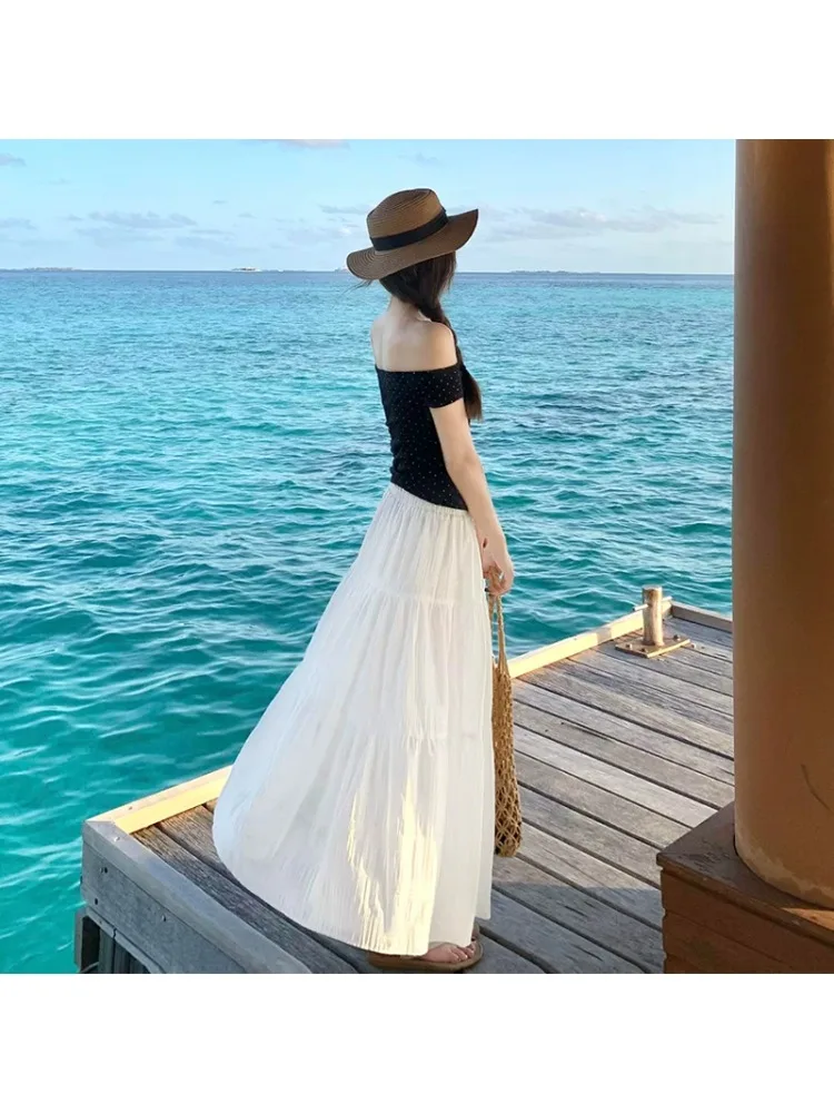 プラスサイズの女性の甘い白いふわふわスカート-a-ライン-ミディ-バレエ-ケーキ-スカート-夏-カジュアル-ハイウエスト-通勤スタイル-半袖