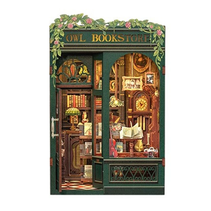 DIY Book Nook Owl Bookstore Kit, 3D Wooden Puzzle Bookend For Bookshelf Decor, With Light Model Kits For Adults