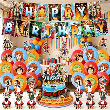 

One Piece Birthday Party Decorations | Flag Cake Topper, Balloon Cards & Spiral Hanging Ornaments