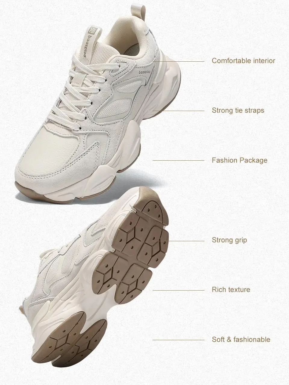 Baasploa Damen Casual Sneakers Komfort Leder Wanderschuhe für Damen Einfarbig Mode Sportschuhe Rutschfeste Höhenerhöhung – Detail 12