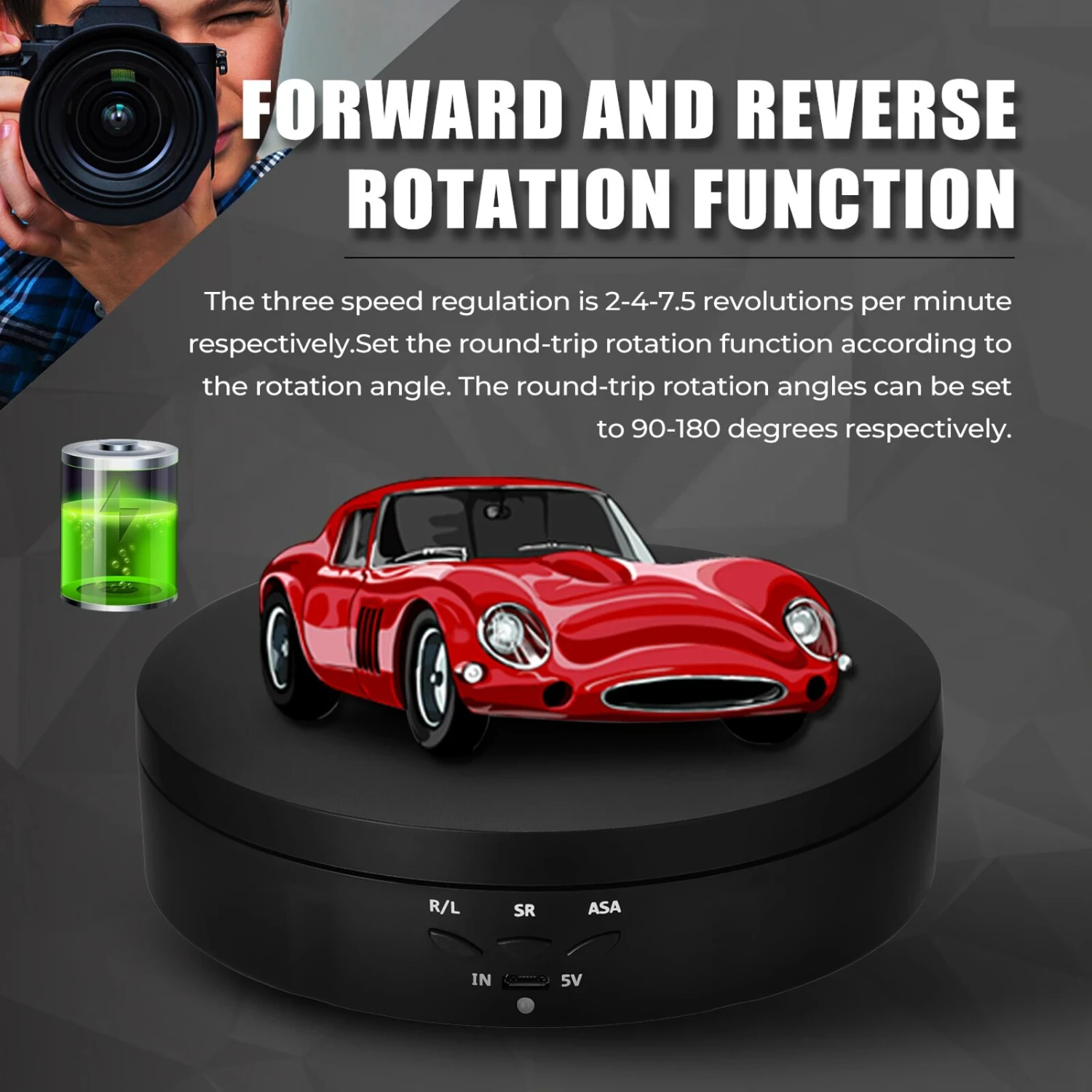 3 Speeds  Rotating Display Stand Mirror  Degree Turntable Jewelry Holder Battery/USB Power  Photography Shooting