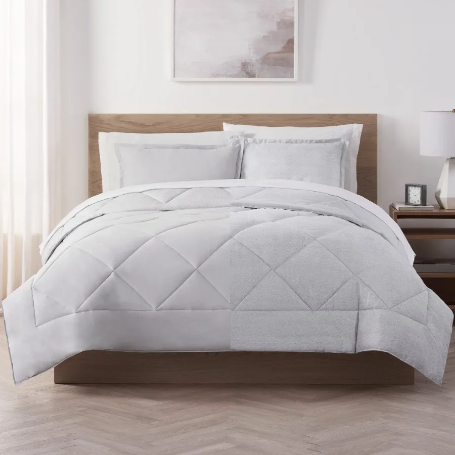Supersoft Cooling Bed Set 7 Piece Reversible Bedding Comforter and Solid Sheet Set Queen Micro Chip Grey