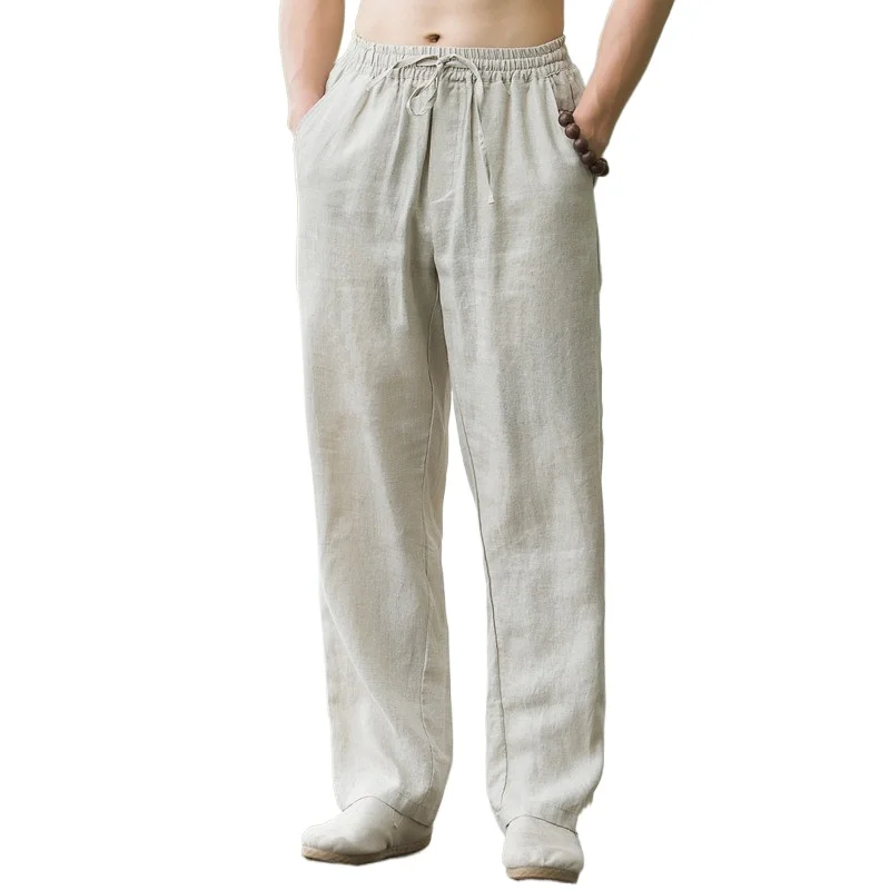 New Men's Linen Pants Sweatwear Solid Color Breathable Trousers Cotton Fitness Lightweight Casual Summer Men Beach Pants