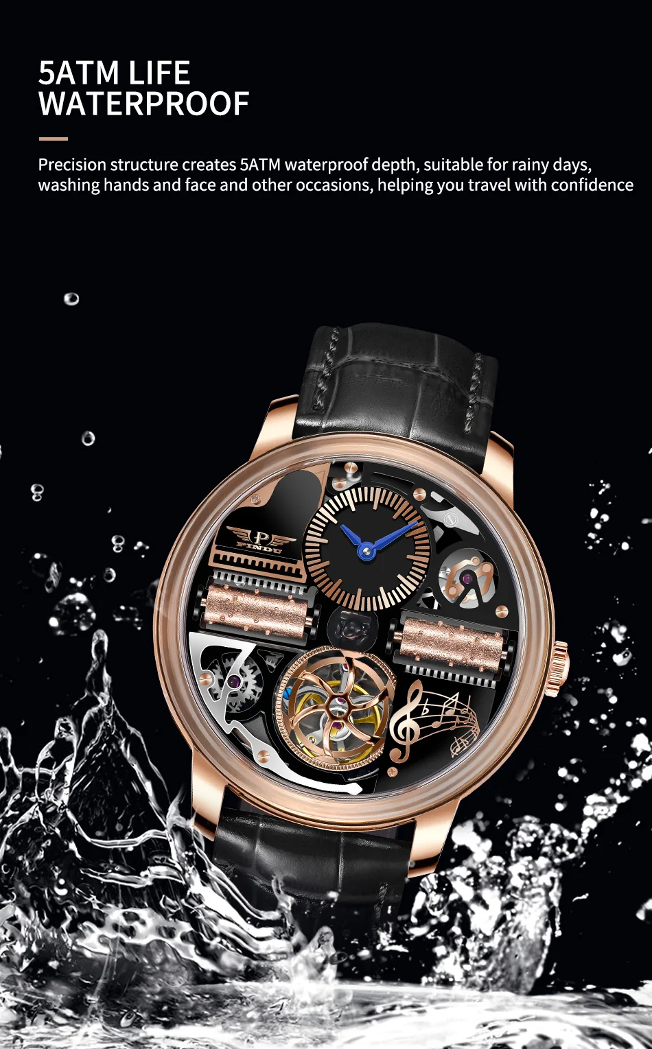 PINDU تصميم جديد للرجال ساعة ميكانيكية صندوق تشغيل الموسيقى الهاتفي الياقوت الزجاج 50ATM يوميا مقاوم للماء + ضوء مضيء
