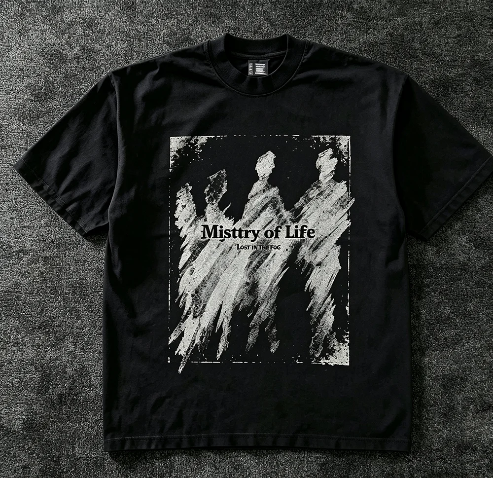 Mystery Of Life Dark Grunge Abstract Graphic T‑Shirt Vintage Distressed Goth Aesthetic Print Unisex Cotton Y2K Emo Streetwear Short Sleeve Tops for Men Women