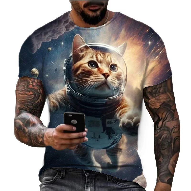 

Cartoon Space Cat Pattern T-shirts Summer Fashion Cute Animals 3D Printed T Shirts Street Trend Short Sleeve Loose Casual Tees