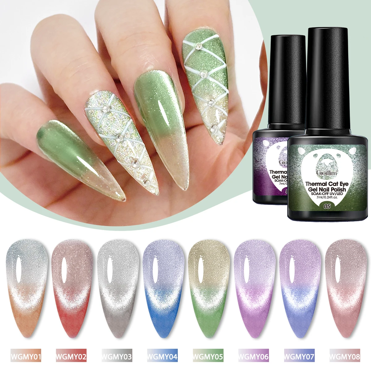 A bottle of color-changing, heat-sensitive gel nail polish, featuring gradient nail art, semi-permanent glitter, lead-free mater