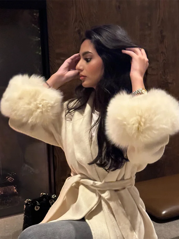 

2025 Chic Plush Sleeve Belt Long Coat Women Elegant Retro Solid Lapel Faux Fur Open Coats Female Winter Chic Street Outwear