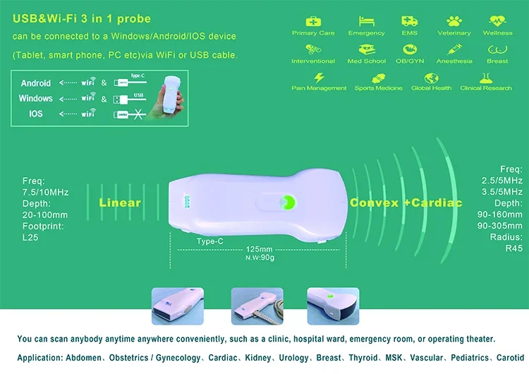 MY-A023H-N przenośny skaner ultradźwiękowy doppler mikro wypukły usb wifi bezprzewodowa sonda ultradźwiękowe 3 w 1 do laptopa z systemem Android