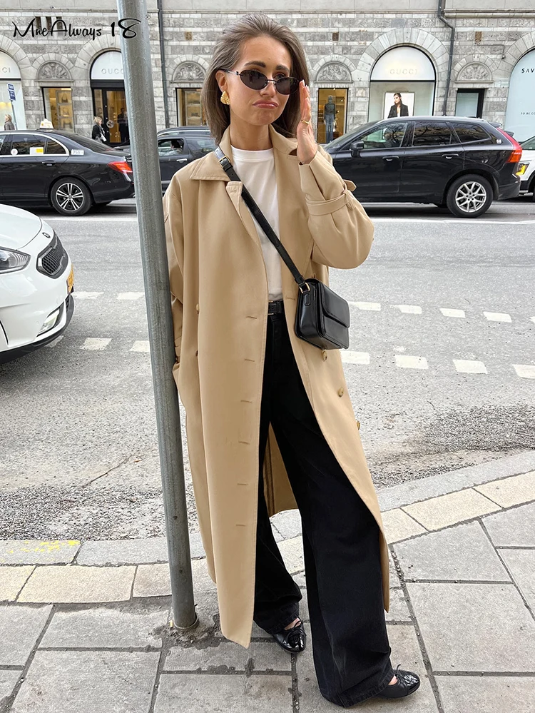 Mnealways18 Khaki Fashion Women Windbreaker Double-Breasted Casual Long Outerwear Spring 2025 Ladies Office Loose Jacket Classic