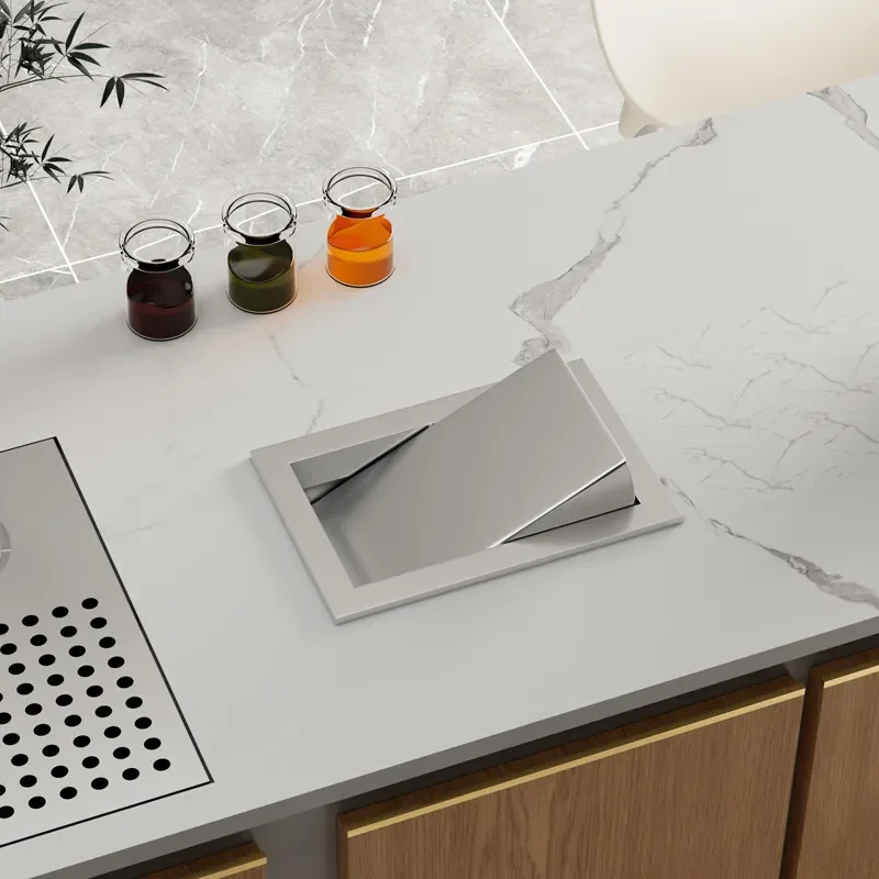 Stainless steel kitchen countertop embedded trash can lid household washstand desktop shaking cover flip cover cabinet
