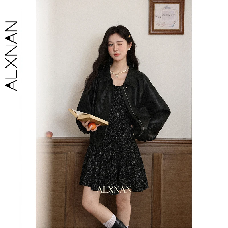 ALXNAN chaqueta de cuero negro con cremallera y dobladillo elástico tela impermeable otoño 2025 nuevo abrigo de mujer con solapa versátil L57115