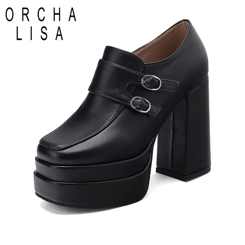 

ORCHA LISA Black Women Pumps Square Toe 12cm Chunky Heel 5cm Platform Zipper Belt Buckles Large Size 48 49 50 Modern Daily Shoes
