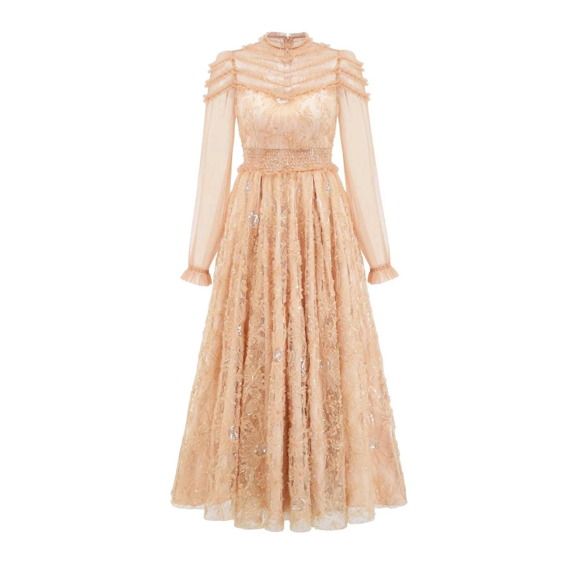 Abito francese in pizzo dolce, abito lungo con paillettes pesanti artigianali, maniche lunghe a fiori color kaki, vita alta e abito da sera alto-GZMM490