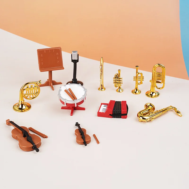 Dollhouse Accessories Miniature Ornaments Toy Model Mini Saxophone Cello Violin Microphone Classical Musical Instruments Set