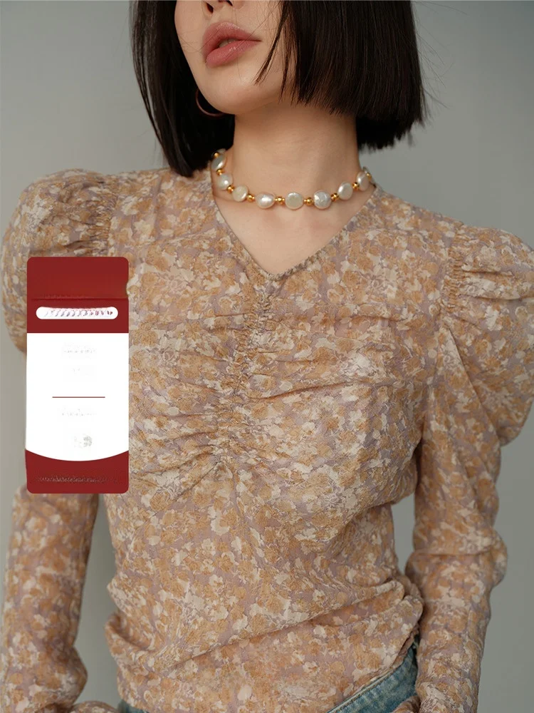 

Faionable Casual SS II TANG Private Label Clothing INS Sle Printed Fabric Pleated Design High-End Top Women's irt