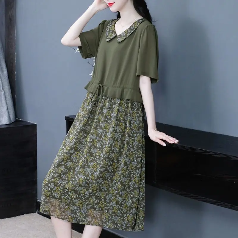 Fashion Printed Shirring Bandage Fake Two Pieces Floral Dress Women's Clothing 2024 Summer New Loose Commuter Short Sleeve Dress