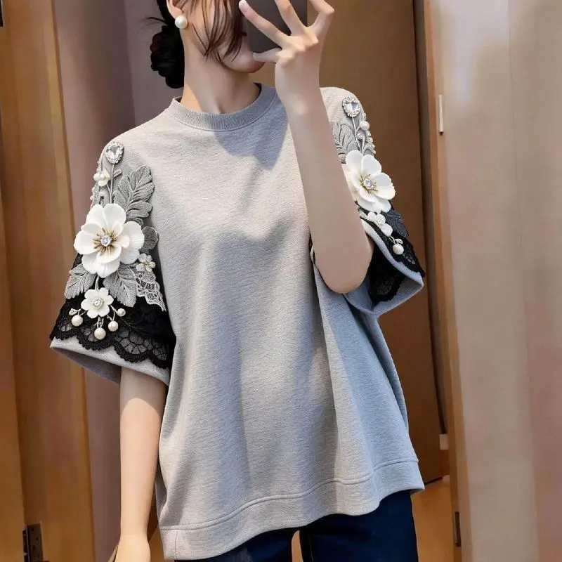 Summer Autumn Fashion Heavy Industry Nail Bead Embroidered T-shirt Women Tshirt Blouse Loose Short Sleeved Unique Top Female