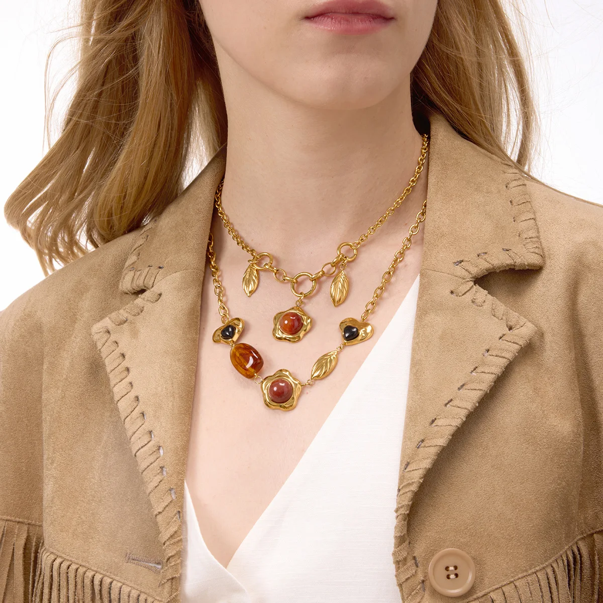 

YHTOT Independent Designer Vintage 18K Gold Color Plated Stainless Steel Red Agate Flower Pendant Necklace Leaf Pendant Women's