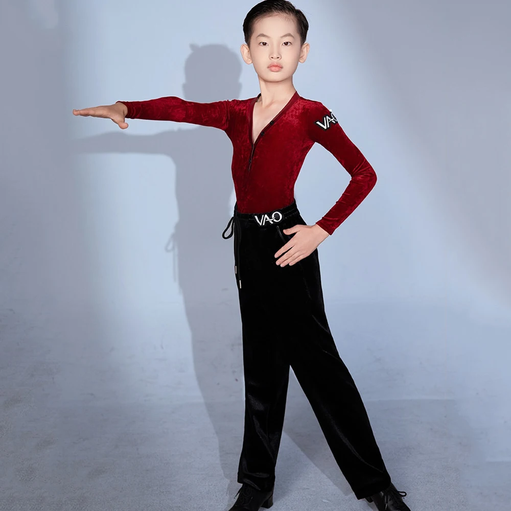 

Winter Boys Latin Dance Clothes Red Tops Black Pants V Neck Long Sleeves Velvet Suit Cha Cha Dance Practice Perform Wear BL18142