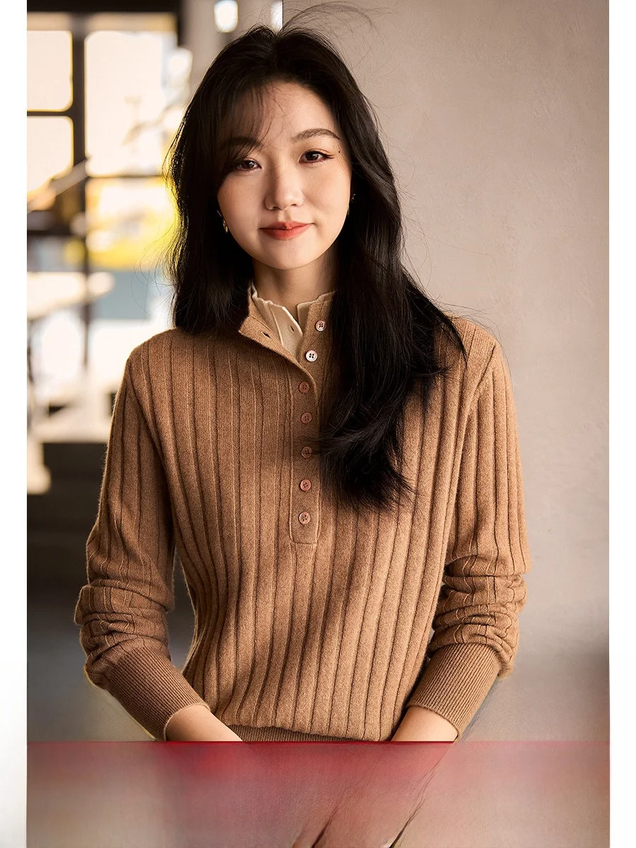 

Женский теплый вязаный свитер Ele Pure Camere с двойным воротником, простой и элегантный, стандартный крой, длинный рукав, круглый вырез