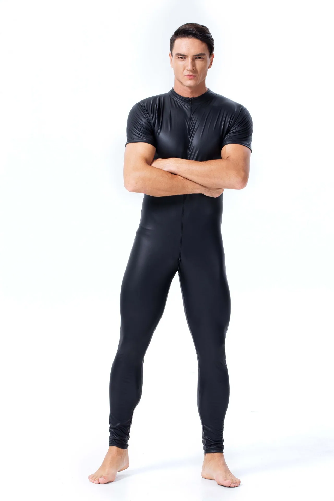 Sexy Mannen Glanzend Pu Faux Lederen Catsuit Jumpsuit Nachtclub Erotische Lingerie Wetlook Latex Zentai Jumpsuit Kostuum