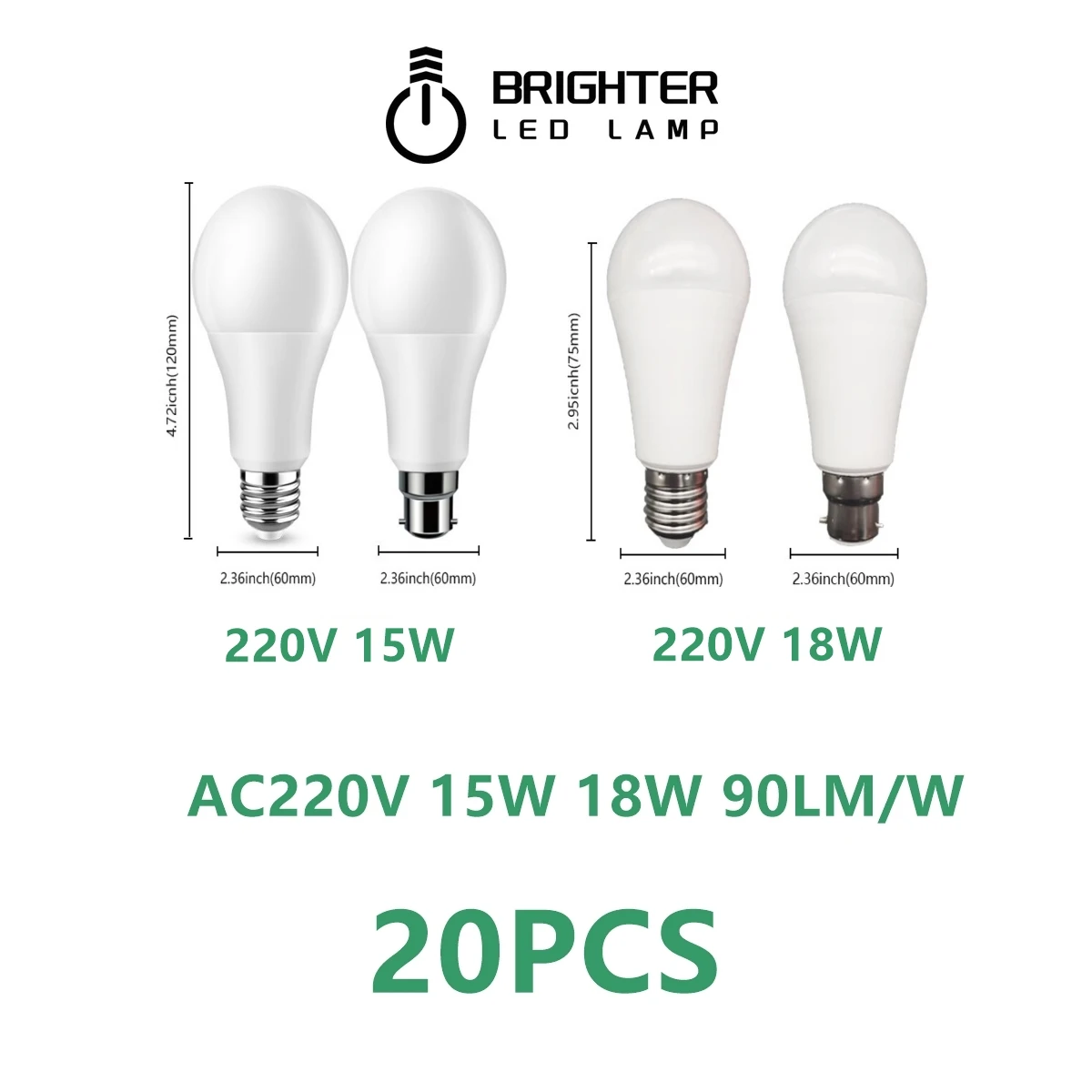 20pcs LED Bulb Lamps A60 E27 B22 AC220V-240V  high Power 15W 18W Suitable for kitchen, living room and office