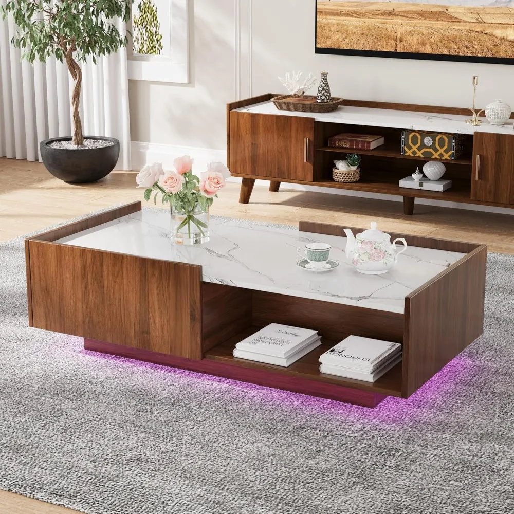 

Modern Coffee Table, 47.2" LED Rectangle Accent Center Table with 2 Sliding Drawers and Open Display Shelf for Living Room