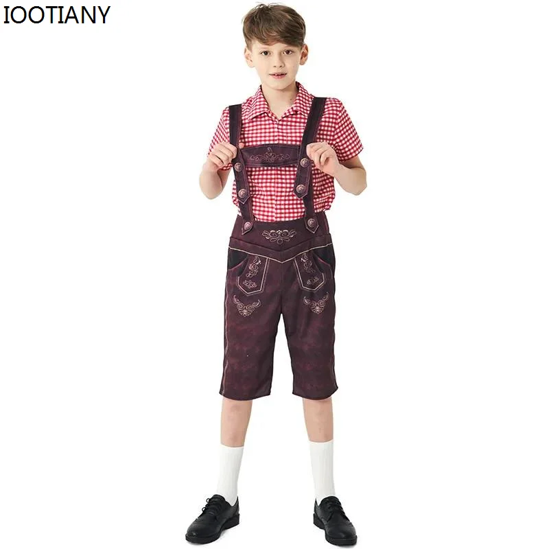 Child Kids German Oktoberfest Beer Boy Costumes Lederhosen Shirt Suit For Boys Children's Blue Red Green Plaid Beer Overalls Set