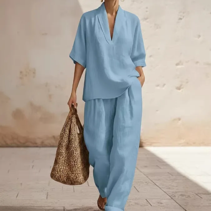 

Casual Loose Matching Sets Women 2026 Summer Short Sleeve Tops And Wide Leg Pants Tracksuit 2 Piece Set
