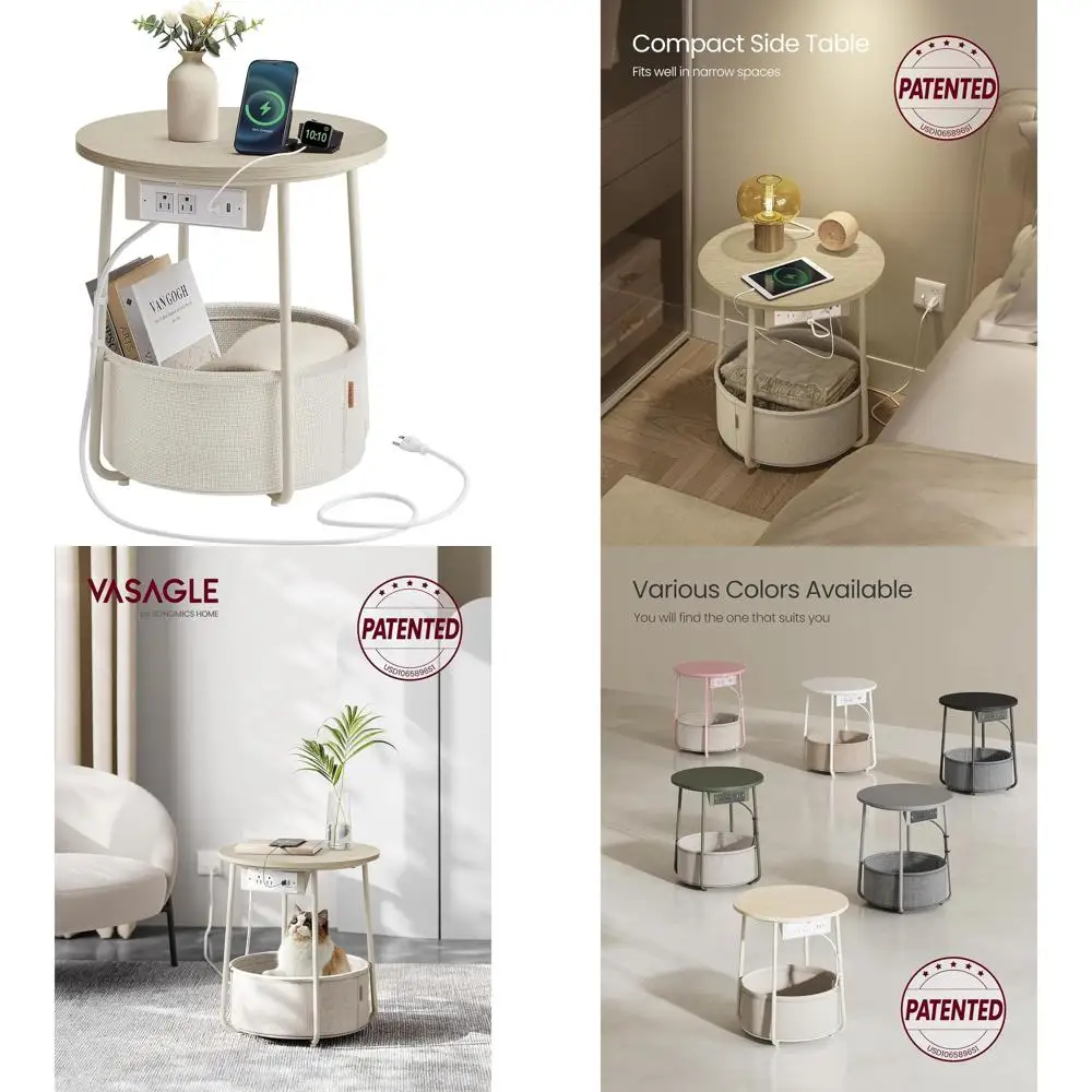 

Modern Cream White Side Table with Fabric Basket and USB Charging Station for Living Room, Bedroom ULET228N01