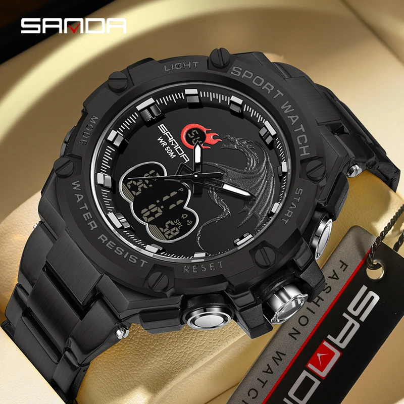 SANDA 2024 New Sport Military Men\'s Watches 50M Waterproof Dual Display Wristwatch Male Clock Stopwatch Relogio Masculino 3173