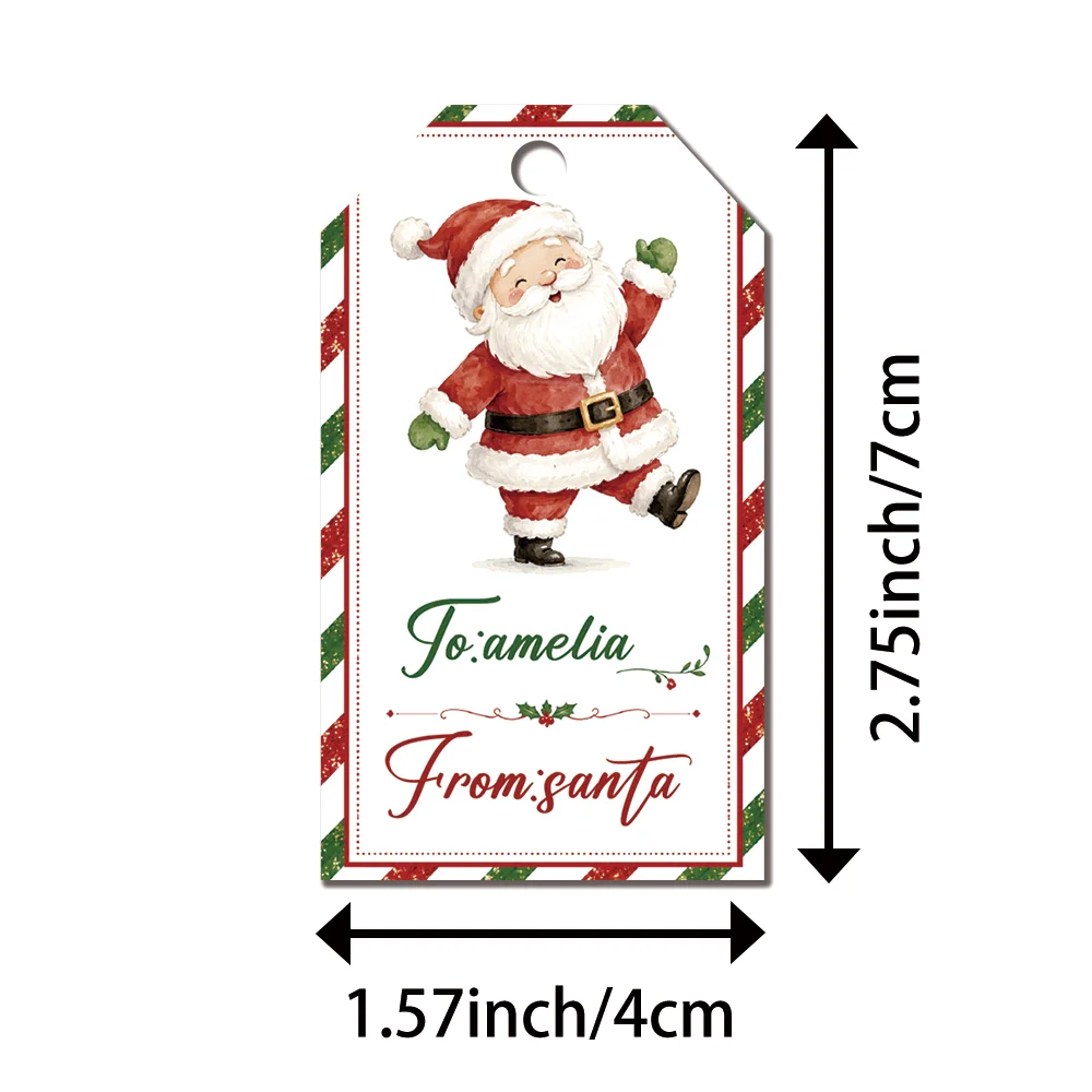 40Pcs Custom Text Christmas Gift Tags, Dancing Santa Candy Stripe Hanging Labels,with Jute Rope